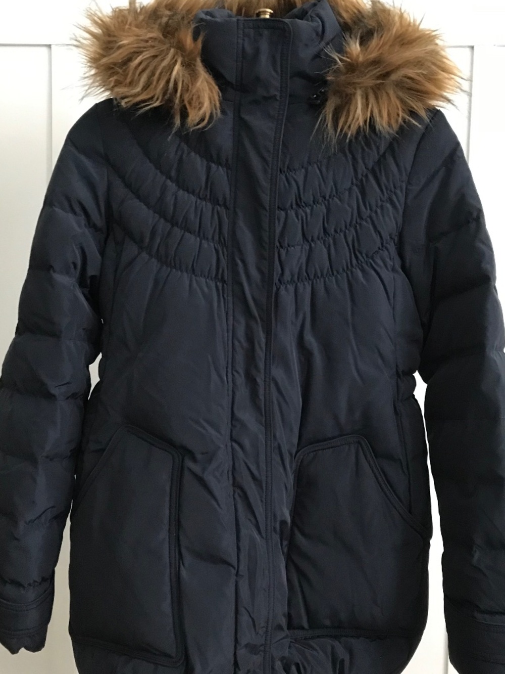 KIMI & KAI MATERNITY DOWN NAVY FAUX FUR LINED HOOD PUFFER COAT MOB WIFE